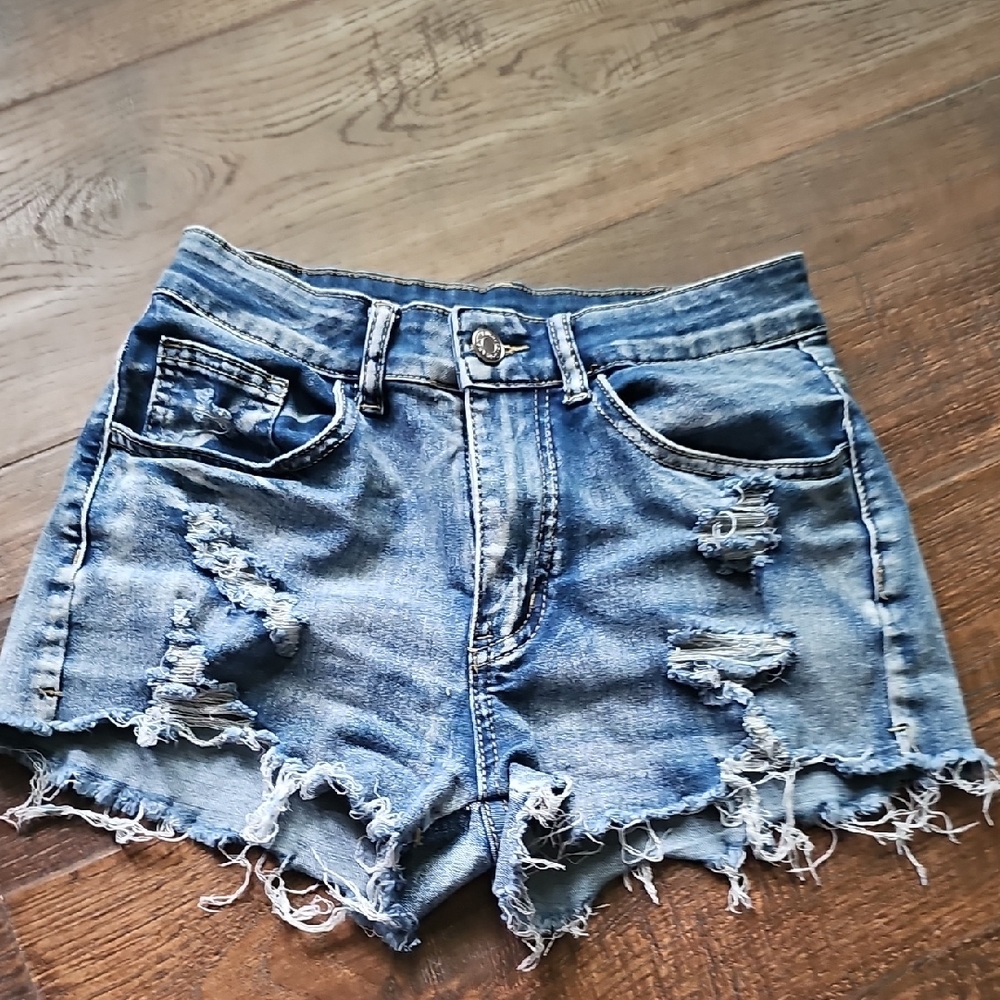 SHEIN Blue Distressed Jean Shorts with Frayed Hem